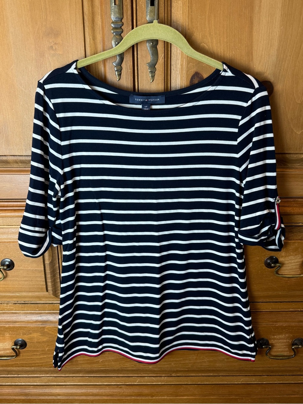 Tommy Hilfiger Navy and White Striped Boatneck Tee
